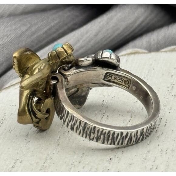 Carolyn Pollack Fritz Casuse 925 & Brass Turquoise Hummingbird Ring 8.57G/Sz 5 - Picture 5 of 8
